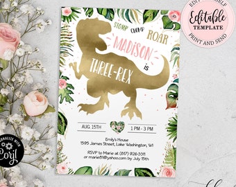 Three Rex Invitation Girl, T-Rex Dinosaur Birthday Invitation, Gold T-Rex 3rd Birthday Printable Invite, Editable Pink Dino Template CEP039