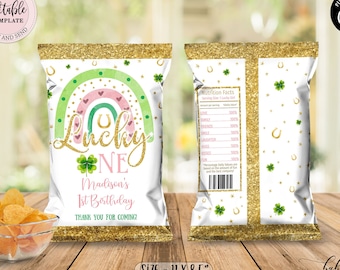 Editable St. Patrick's Day Chip Bag, Shamrock Rainbow Birthday Chip Bag, Girl Lucky One 1st Birthday Favor Bag, Gold Pink Chip Bag CEP076