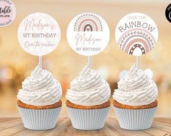 Editable Boho Rainbow Cupcake Toppers, Muted Rainbow 2 inch Round Cake Toppers, Pastel Rainbow Favor Tags, Baby Shower Any Event CEP072