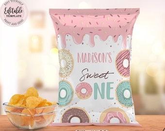 Editable Donut Chip Bag, Sweet One Birthday Chip Bag, Girl Doughnut Birthday Favor Bag, Pastel Donuts Sweet First Birthday Chip Bag CEP043