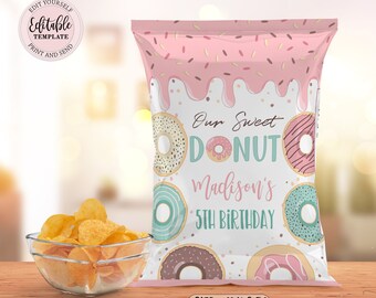 Editable Doughnut Chip Bag, Sweet Donut Birthday Chip Bag, Girl Doughnut Birthday Favor Bag, Pastel Donuts Sweet Birthday Chip Bag CEP043