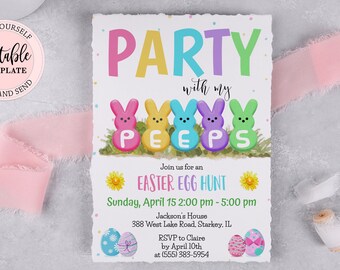 Easter Egg Hunt Invitation,  Easter Party With My Peeps Invite, Easter Bunny Peeps Spring Egg Hunt Digital Printable Invitation EAS001