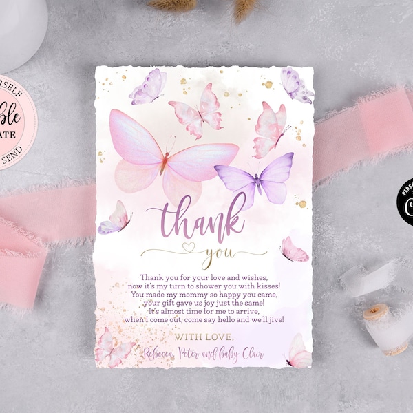 Editable Butterfly Thank You Photo Card, Little Butterfly Baby Shower Thank You Note, Pink Purple Butterflies Girl Thank You Note CEP087