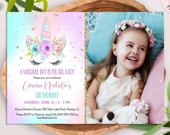 Editable Unicorn Invitation with Photo, Unicorn Birthday Invite Girl, Gold Magical Celebration Unicorn Party, Any Age Unicorn Invite CEP066