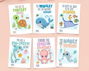 Printable Ocean Animals Valentine Cards, Under the Sea Tags for Kids, Classroom School Exchange Gift Tags, Teachers Card Instant Download