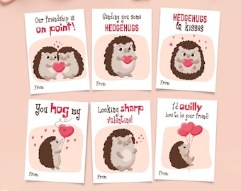 Printable Hedgehog Valentine Cards, Hedgehog Valentine Tags for Kids, Classroom Gift Tags, Hedgehog Valentine Teachers Card Instant Download