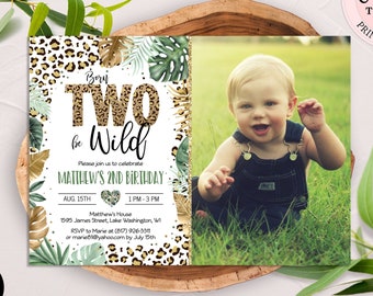 Editable Two Wild Photo Invitation, Safari Boy Birthday Party Invite, Leopard Print Jungle Party 2nd Birthday Digital Invite CEP086