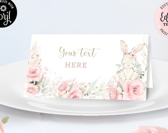 Editable Bunny Place Cards, Some Bunny 1st Birthday Food Cards, Birthday Tent Cards, Girl Bunny Pink Floral Table Cards, Buffet Cards CEP077