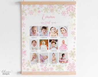 Editable First 12 Months Photo Collage, Winter Onederland First Year Poster Sign, Gold Snowflakes Birthday Year in Pictures Poster CEP027