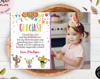 Fiesta Gracias Thank You Card Photo, Editable Mexican Birthday Thank You Note, Baby Shower Girl Birthday Card, Guest Thank You Note CEP055