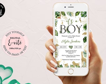 Safari It&#39;s a Boy Baby Shower Evite, Editable Electronic Digital Invitation, Gold Jungle Animals Baby Shower E-vite, Tropical Invite CEP038