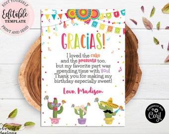 Editable Fiesta Gracias Thank You Card, Mexican Birthday Thank You Note, Baby Shower Girl Birthday Card, Guest Thank You Note CEP055