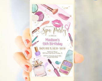 Spa Party Evite, Editable Electronic Makeup Party Digital Invitation, Tween Glam Birthday E-vite Girl, Pink Gold Digital Invite CEP079
