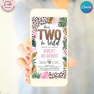 Editable Two Wild Leopard Print Evite, Jungle Electronic Digital Invitation, Safari 2nd Birthday E-vite Girl, Leopard Print Party CEP086
