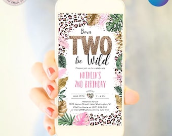 Editable Two Wild Leopard Print Evite, Jungle Electronic Digital Invitation, Safari 2nd Birthday E-vite Girl, Leopard Print Party CEP086