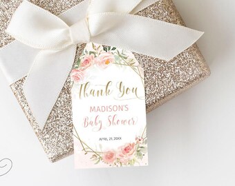 Blush Pink Floral Favor Tag, Editable Baby Shower Thank You Tag Template, Girl Birthday Geometric Tag, Boho Any Event Gift Tag CEP018