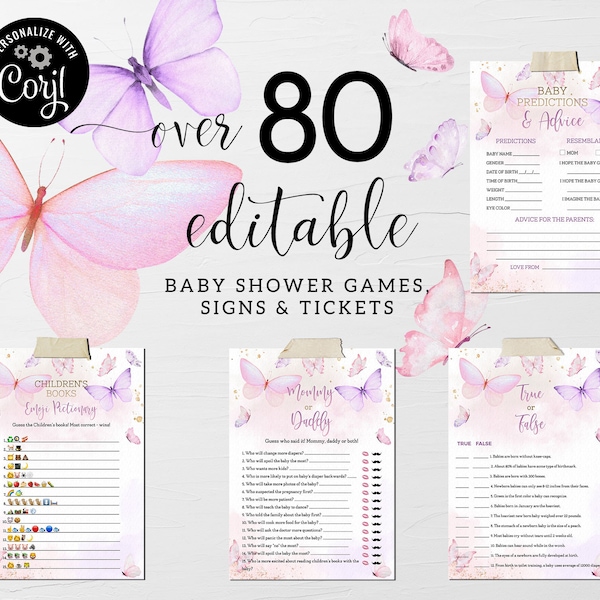 80 Editable Virtual Butterflies Baby Shower Games and Signs Bundle, A Little Butterfly is on the Way Girl Baby Shower Games Signs CEP087