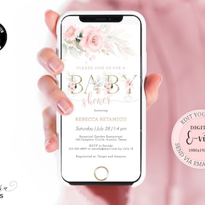 Bearbeitbares Blush Pink Babyparty Evite, Babyparty Einladungsmädchen, Pink Gold Floral Babyparty Digital E-vite CEP073