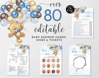 We Can Bearly Wait Blue Balloons Game Bundle, 80 Editable Virtual Baby Shower Games and Signs, Teddy Bear Baby Shower Games Signs CEP078