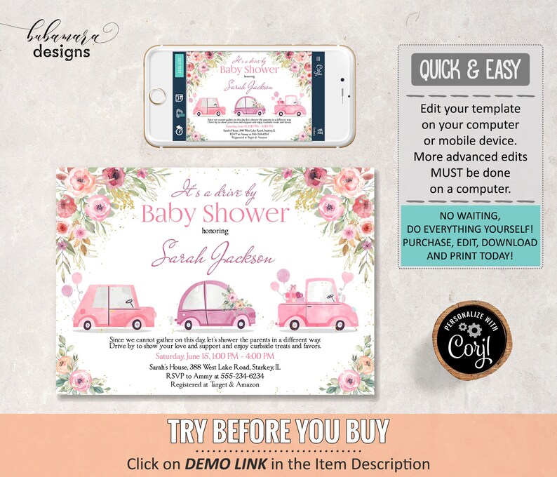 Editable Drive By Baby Shower Invitation Girl Pink Floral Etsy
