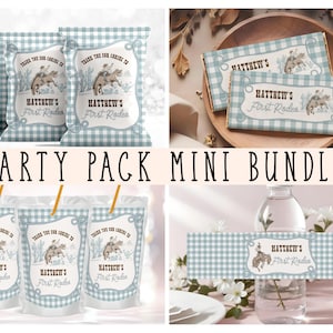 Editable First Rodeo Birthday Bundle, Boy Wild West Party Pack, Western Ranch Cowboy Chip Bag, Juice Box, Canva Template BD014