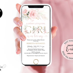 Editable Sweet Girl Baby Shower Evite, It&#39;s a Girl Baby Shower Electronic Invitation, Pink Gold Floral Baby Shower Digital E-vite CEP073
