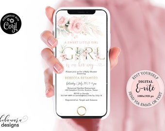 Editable Sweet Girl Baby Shower Evite, It&#39;s a Girl Baby Shower Electronic Invitation, Pink Gold Floral Baby Shower Digital E-vite CEP073