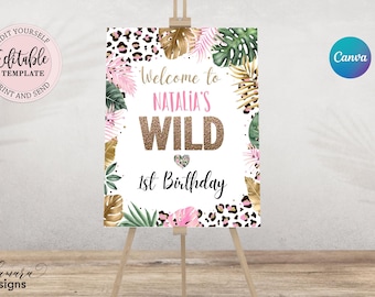 Editable Leopard Print Party Welcome Sign, Girl Wild Child Leopard Print Jungle Welcome Poster, Jungle Birthday Party Welcome Sign CEP086