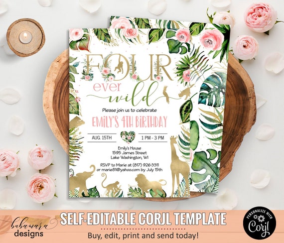 Editable Safari Animals Four Ever Wild Birthday Invitation Girl Jungle Party 4th Birthday Zoo Animals Pink Floral Birthday Invitation CEP038 by BubamaraDesigns | Catch My Party Editable Safari Animals Four Ever Wild Birthday Invitation Girl Jungle Party 4th Birthday Zoo Animals Pink Floral Birthday Invitation CEP038 by BubamaraDesigns | Catch My Party