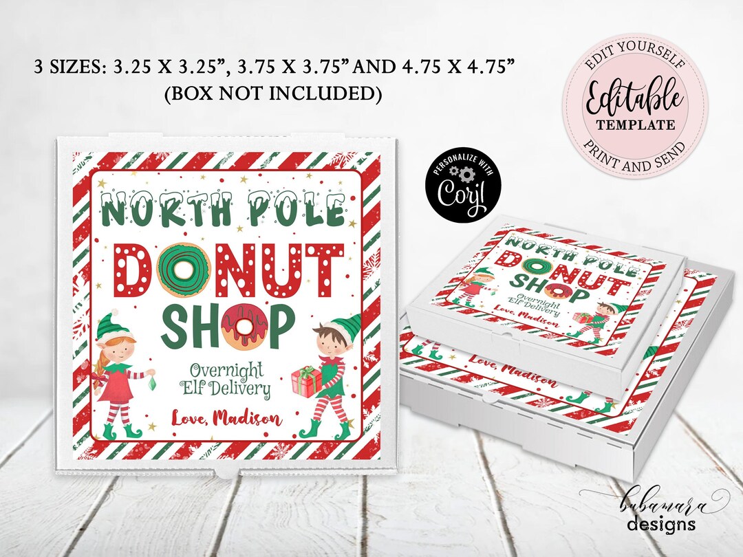 North Pole Donut Shop Mini Pizza Box Label Overnight Elf