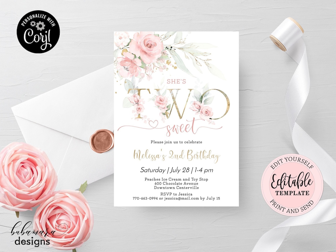 Editable 2nd Birthday Invitation Template, Blush Pink Floral Two Sweet ...