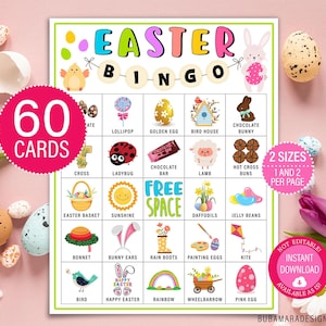 60 tarjetas de bingo de Pascua, actividad imprimible para el aula infantil, juego de bingo con tablero, descarga instantánea para niños y adultos.