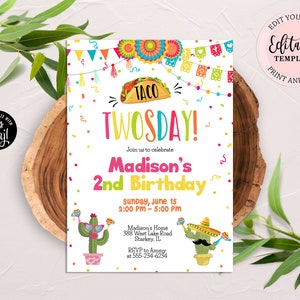 Editable Taco Twosday Birthday Invitation, Mexican Fiesta Birthday Invite, Boy or Girl Invite, Taco Cactus Birthday Party Invite CEP055 image 4