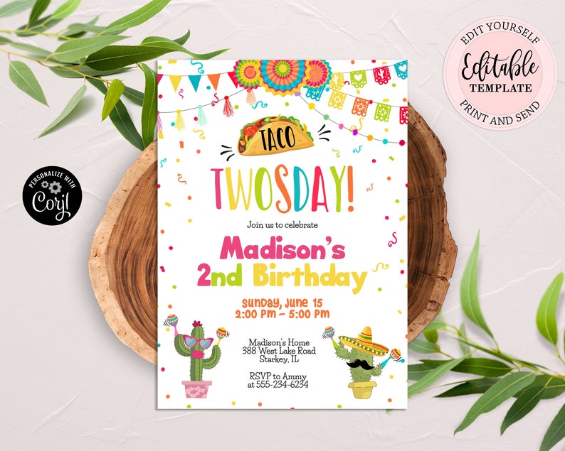 Editable Taco Twosday Birthday Invitation, Mexican Fiesta Birthday Invite, Boy or Girl Invite, Taco Cactus Birthday Party Invite CEP055 image 4