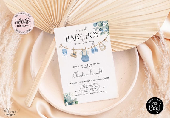 Bewerkbare babykleding baby shower uitnodiging, jongen was baby shower  uitnodigen, blauw groen eucalyptus jongen waslijn baby uitnodigen CEP171