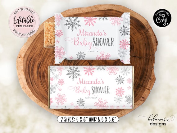 Winter Wonderland Chocolate Bar Wrapper, Pink Silver Snowflakes Candy Bar Wrapper, Girl Baby Shower Favor Chocolate Wrapper CEP027 Il_570xn