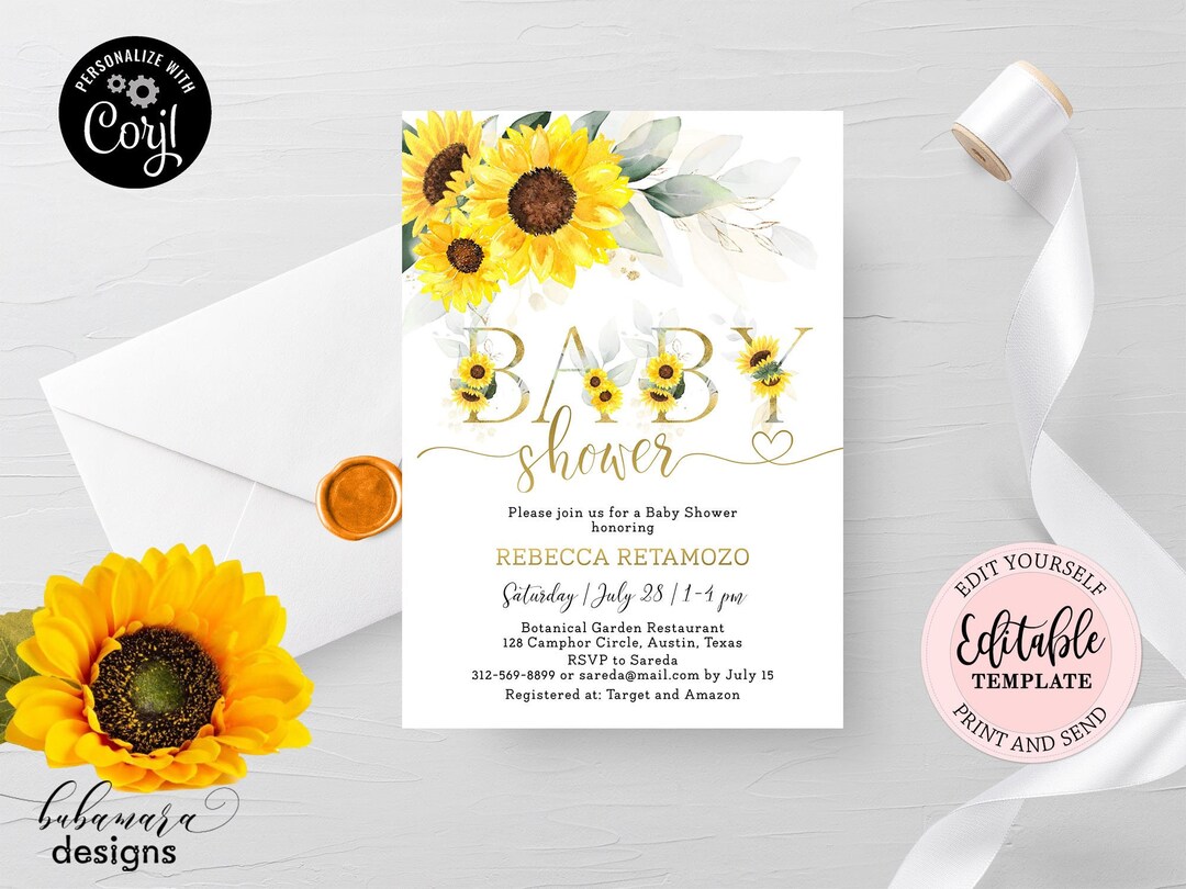 Editable Sunflower Baby Shower Invitation Girl, Sunflowers Baby Shower