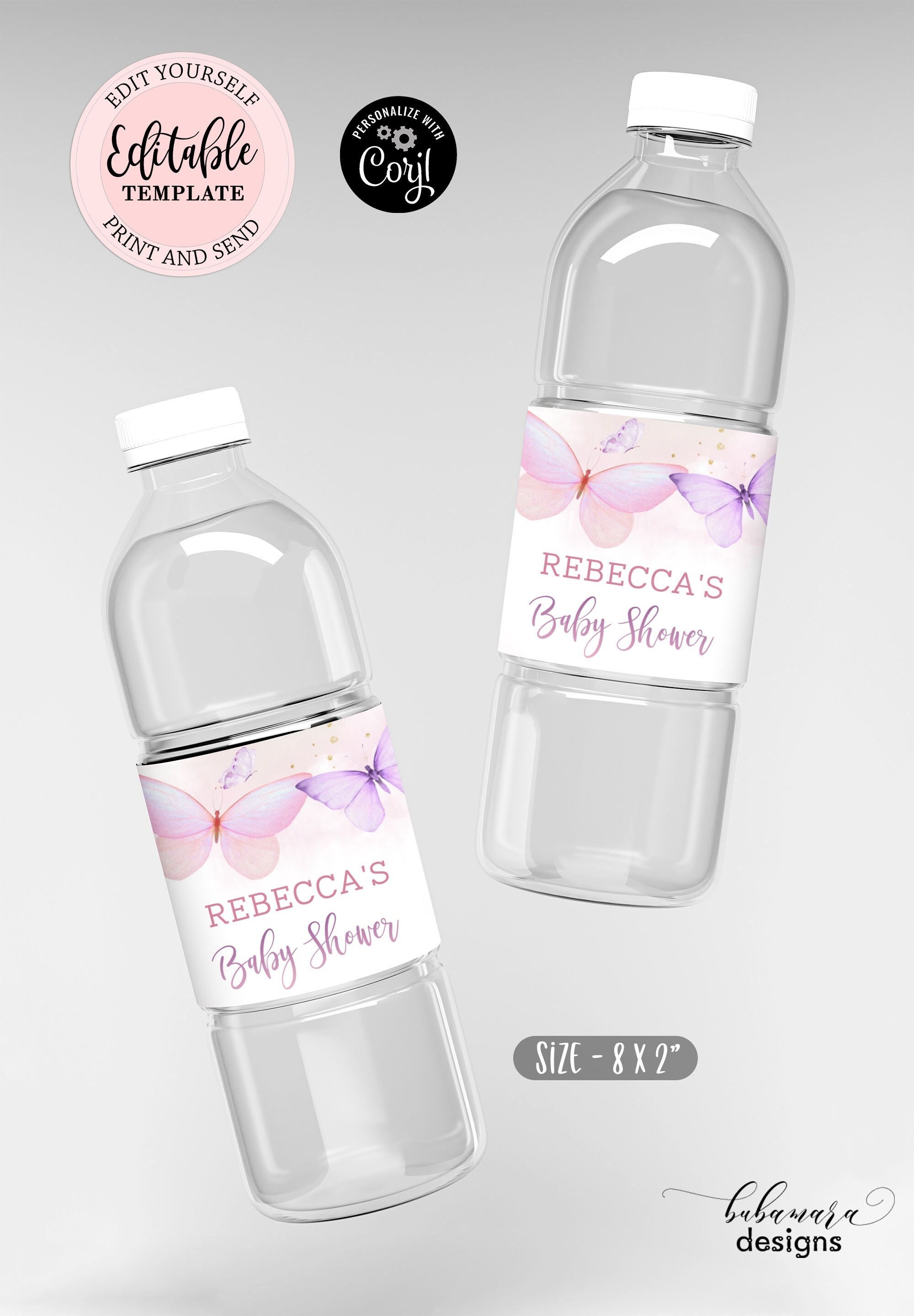 Editable Butterfly Water Bottle Label, Pink Purple Gold Butterflies ...