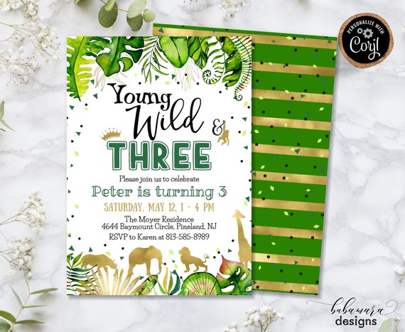 Editable Safari Young Wild & Three Invitation, Jungle Animals 3rd Birthday Invitation, Zoo Animals Party, Green Gold Boy Invitation CEP033 Il_570xn