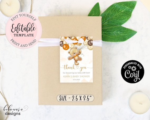 Editable Teddy Bear Gift Tag Template Bear Orange Brown Balloons Baby editable-teddy-bear-gift-tag-template-bear-orange-brown-balloons-baby