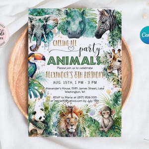 Editable Calling All Party Animals Safari Birthday Invitation Boy, Jungle Animals Birthday Zoo Party Any Age Tiger Zebra Print Invite CEP083