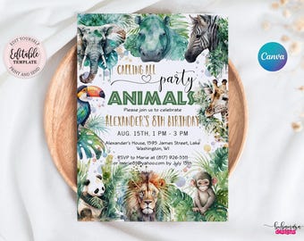 Editable Calling All Party Animals Safari Birthday Invitation Boy, Jungle Animals Birthday Zoo Party Any Age Tiger Zebra Print Invite CEP083