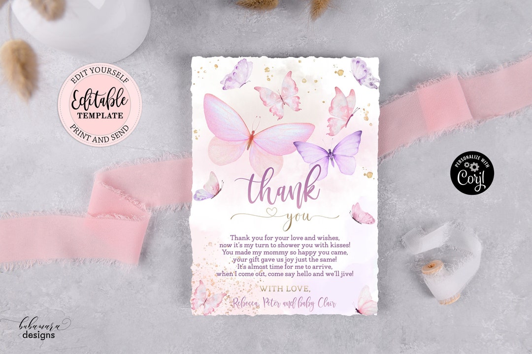Editable Butterfly Thank You Photo Card, Little Butterfly Baby Shower