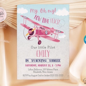 Pink Airplane Birthday Invitation Girl, Editable Plane Birthday Invitation, Girl Pilot Invitation, Blue Sky Biplane Party Invite CEP135