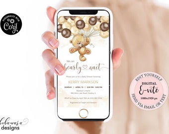 Bear Balloons Baby Shower Evite, Editable We Can Bearly Wait Template, Gender Neutral Electronic Digital Teddy Bear Balloons Invite CEP078