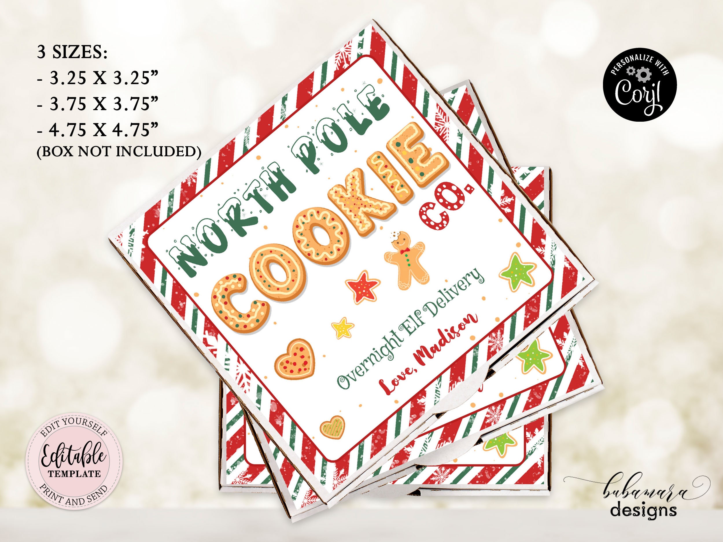 North Pole Cookie Co. Mini Pizza Box Label Overnight Elf - Etsy