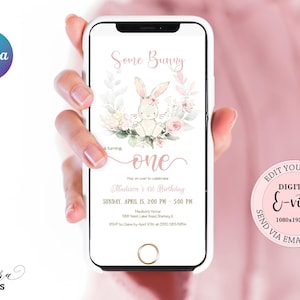 Floral Little Bunny Birthday Evite, Editable Some Bunny 1st Birthday Electronic Invitation Girl, Floral 1st Birthday Digital E-vite CEP077