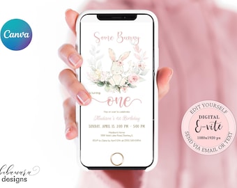Floral Little Bunny Birthday Evite, Editable Some Bunny 1st Birthday Electronic Invitation Girl, Floral 1st Birthday Digital E-vite CEP077