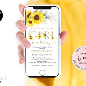 Bearbeitbar Es ist ein Mädchen-Baby-Dusche-Evite, Sonnenblume-Baby-Dusche-elektronische Einladung, Gelbgold-Sonnenblume-Baby-Dusche-Digital-E-vite CEP143