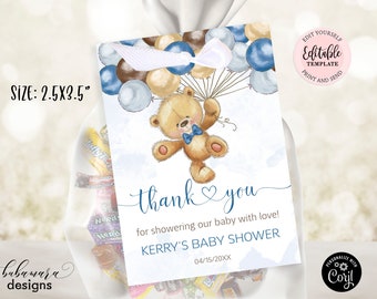 Editable Teddy Bear Gift Tag Template, Boy Bear Blue Brown Balloons Baby Shower Favor Thank You Tag, We Can Bearly Wait Gift Tag CEP078